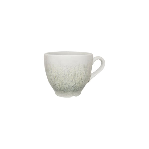 A small green china espresso cup with a handle.