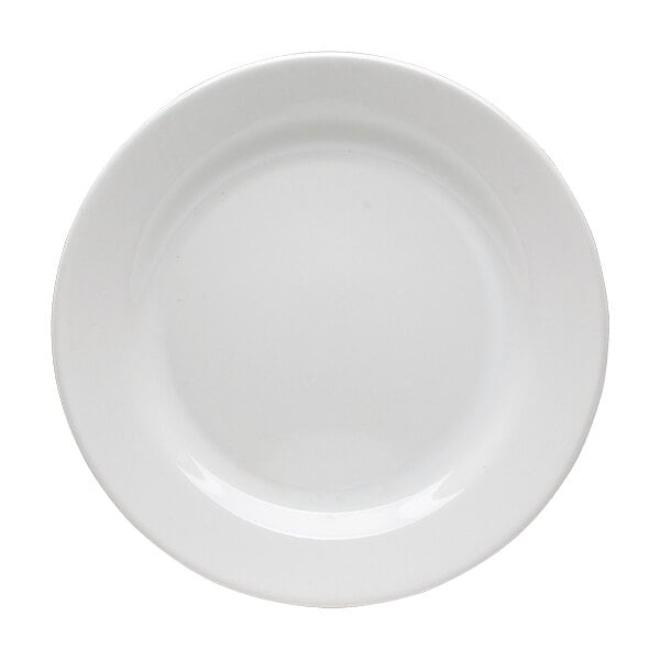 A plain white round stoneware plate.