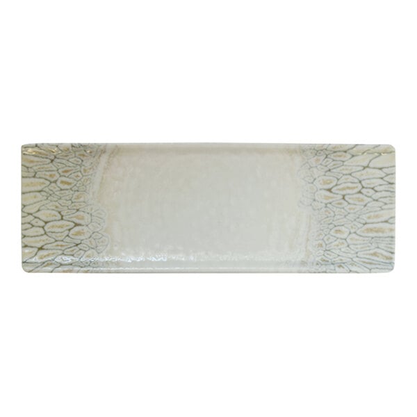 A rectangular beige china tray with a subtle textured pattern on the ends.
