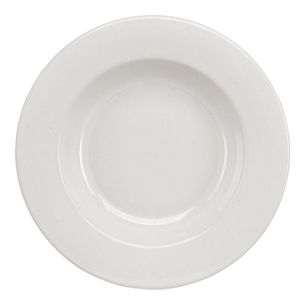 A white round stoneware pasta plate.