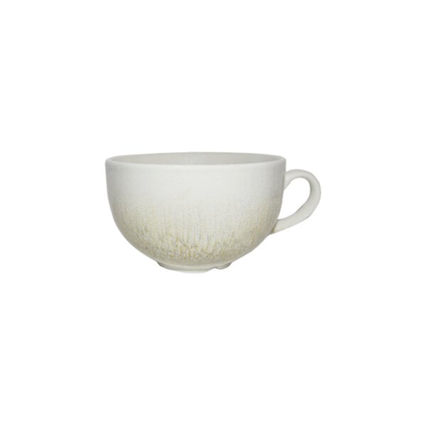 A beige china coffee cup with a handle.