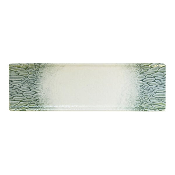 A rectangular green and white china tray with a textured pattern on the ends.