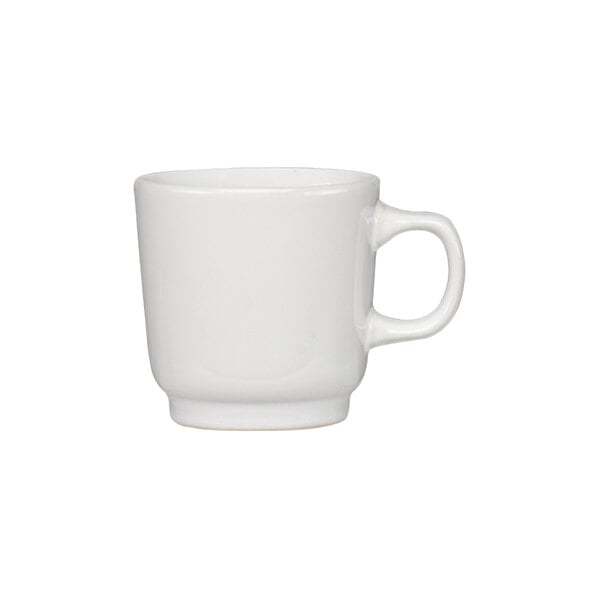 A plain white stoneware mug with a handle.