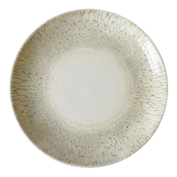 A beige china bowl with a textured, patterned rim.