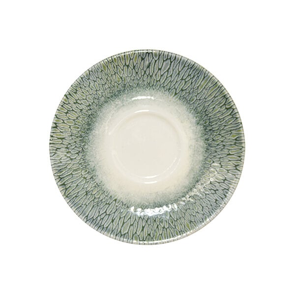 A green china saucer with a textured pattern around the rim and a plain center.