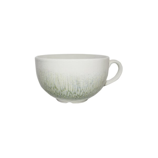 A green and white china cappuccino cup with a handle.