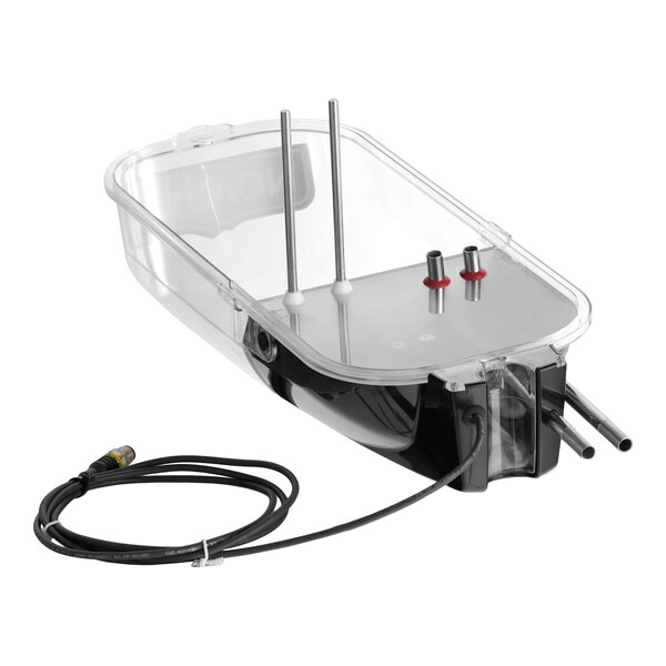 A transparent cover with metal rods and an attached cable, designed for a slushy autofill machine.