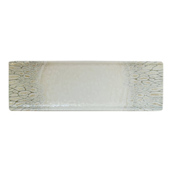 A rectangular beige china tray with a subtle textured pattern on the ends.