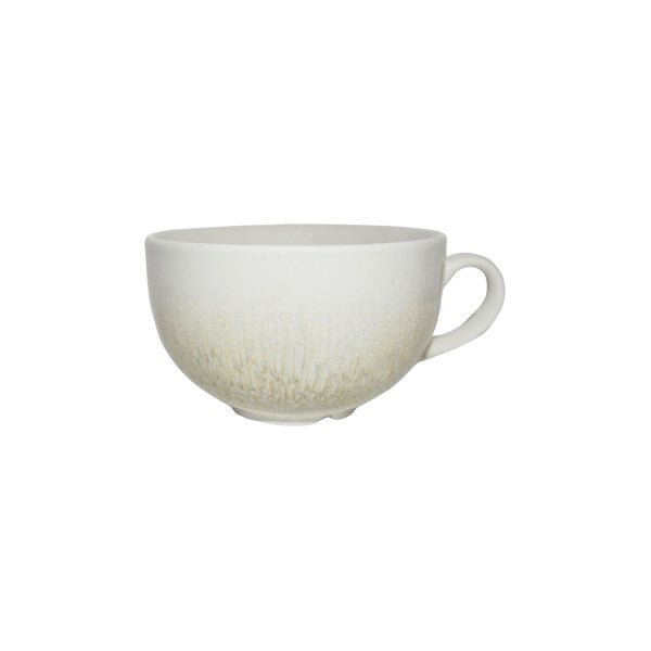 A beige china cappuccino cup with a handle.