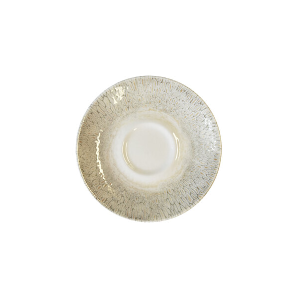A small beige china saucer with a textured pattern around the rim.