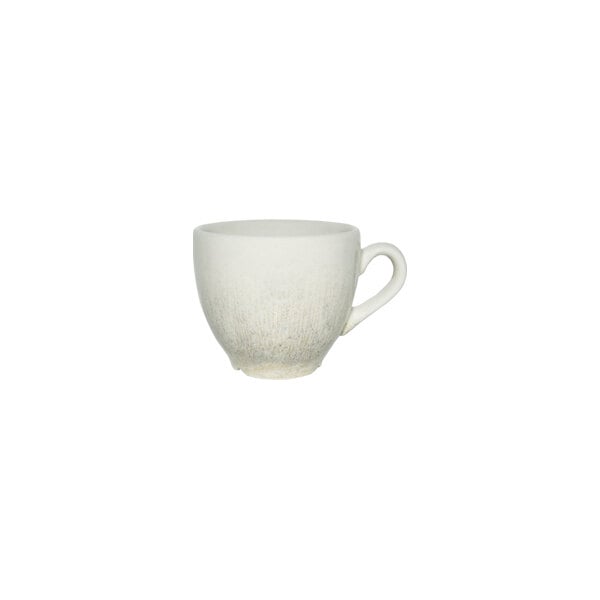 A small beige china espresso cup with a handle.