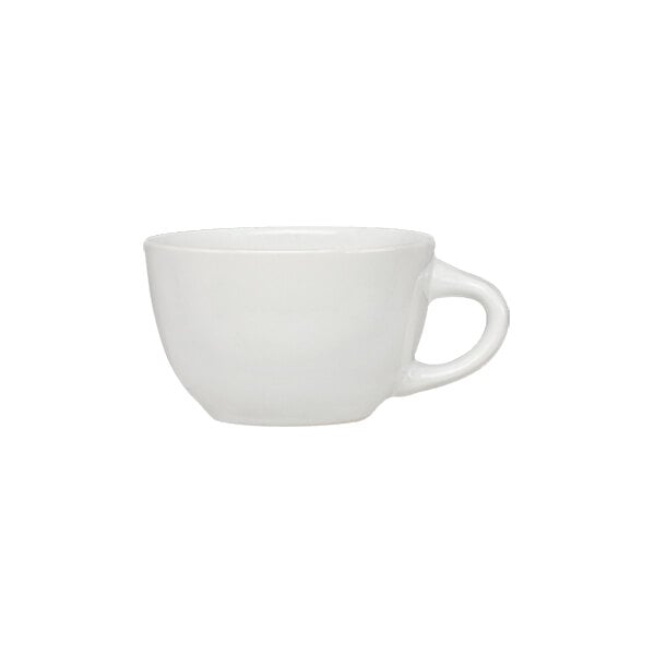 A plain white stoneware round cup with a handle.