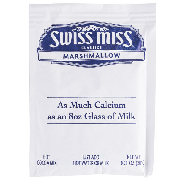 A white Swiss Miss hot chocolate packet with blue text and a picture of marshmallows on it.