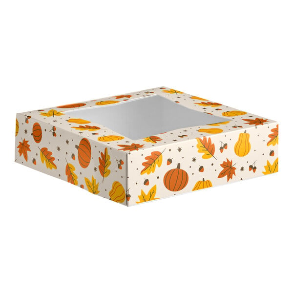 Baker's Lane 9" x 9" x 2 1/2" Autumn Auto-Popup Window Pie / Bakery Box - 150/Case