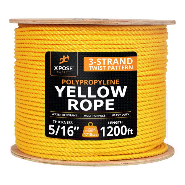 A large spool of yellow twisted polypropylene rope with a thickness of 5/16 inch and a length of 1,200 feet.