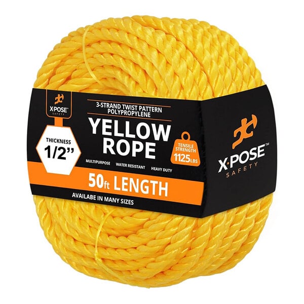 A coil of yellow twisted polypropylene rope measuring 1/2 inch thick and 50 feet long.