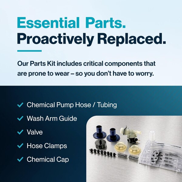 A parts kit for Hobart AM16 dishwashers containing essential replacement components such as hoses, guides, valves, clamps, and caps.