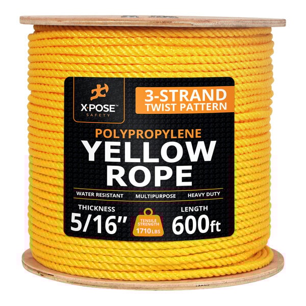 A spool of yellow twisted polypropylene rope measuring 5/16 inch thick and 600 feet long.