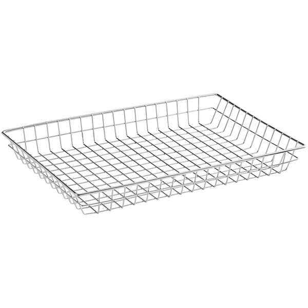 A rectangular wire basket designed for holding bagels or pastries.