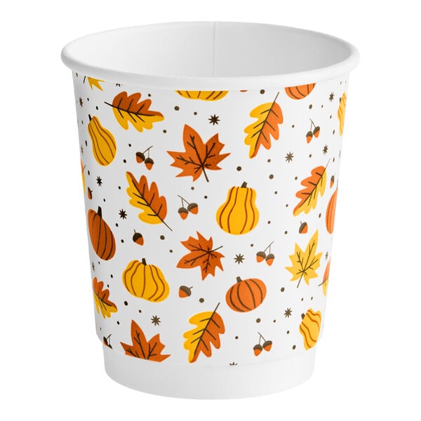 Choice 8 oz. Tall Smooth Double Wall Autumn Print Paper Hot Cup - 500/Case