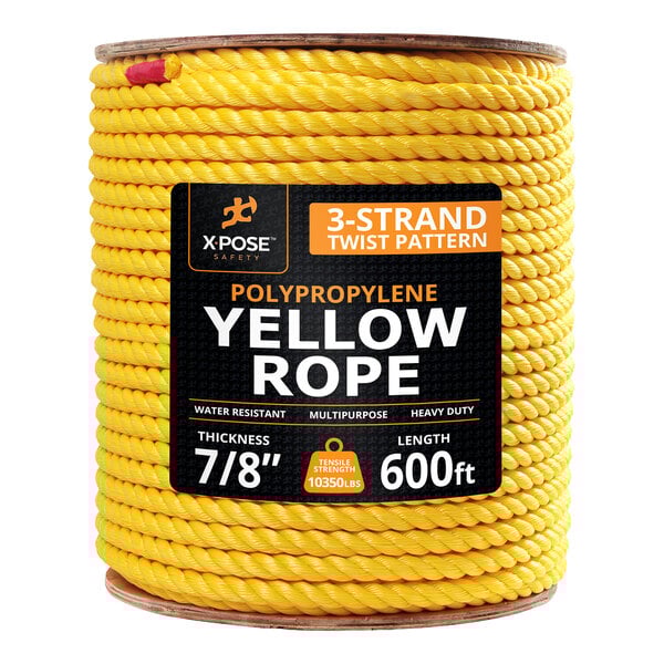 A large spool of yellow twisted polypropylene rope with a thickness of 7/8 inch and a length of 600 feet.