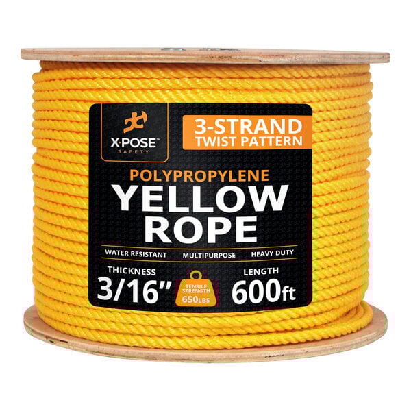 A spool of Xpose Safety 3/16 inch by 600 foot yellow twisted polypropylene rope.