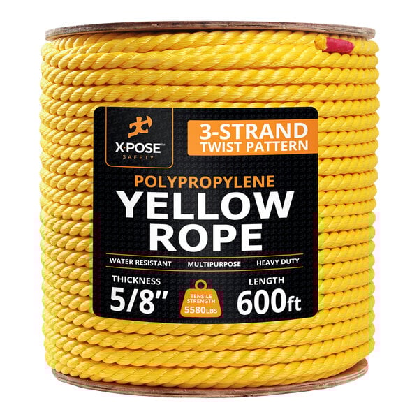 A large spool of yellow twisted polypropylene rope with a 5/8 inch thickness and 600 foot length.