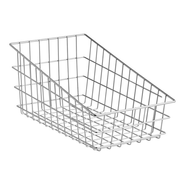 A slant top wire basket designed for holding bagels or pastries.