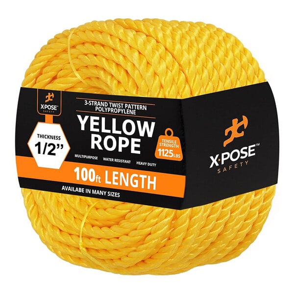 A ball of yellow twisted polypropylene rope measuring 1/2 inch thick and 100 feet long.