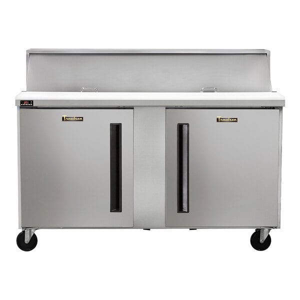A stainless steel two-door refrigerated sandwich prep table on wheels.