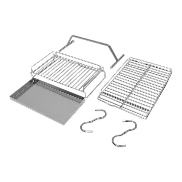 A set of stainless steel racks, tray, hooks, and frame components for a meat curing cabinet.