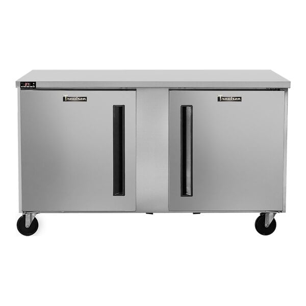 A stainless steel undercounter refrigerator with two doors and caster wheels.