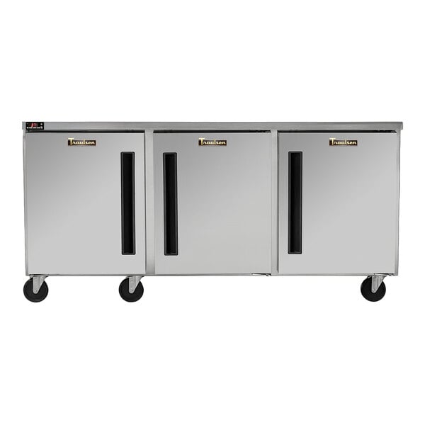 A stainless steel three-door undercounter freezer on wheels.