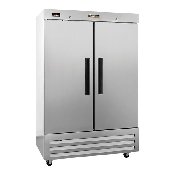 A large, stainless steel, double-door reach-in freezer on wheels.