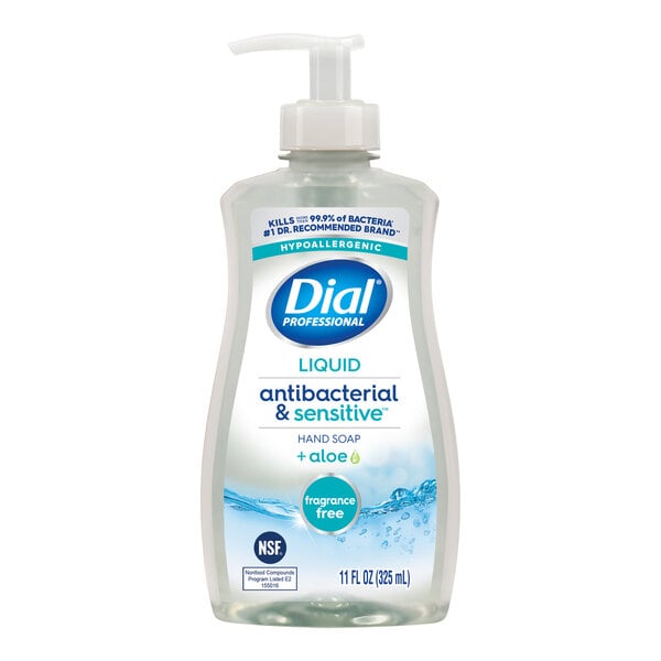 Dial Antibacterial & Sensitive DIA35476 11 oz. Fragrance Free Liquid Hand Soap with Pump - 12/Case