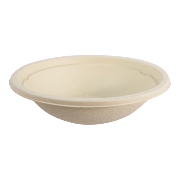 A beige compostable fiber take-out bowl with a 16 oz. capacity.