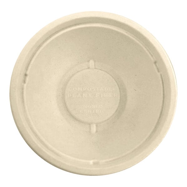 A round, beige compostable fiber take-out bowl lid.