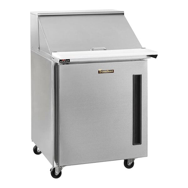 A stainless steel, single-door refrigerated sandwich prep table on wheels.