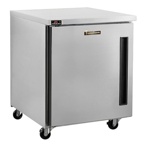 A stainless steel undercounter refrigerator with a right-hinged door and casters.
