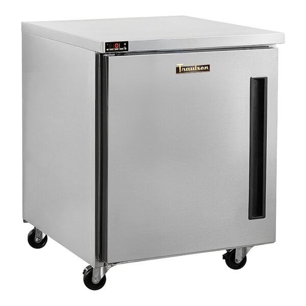 A stainless steel undercounter freezer with a right-hinged door and caster wheels.