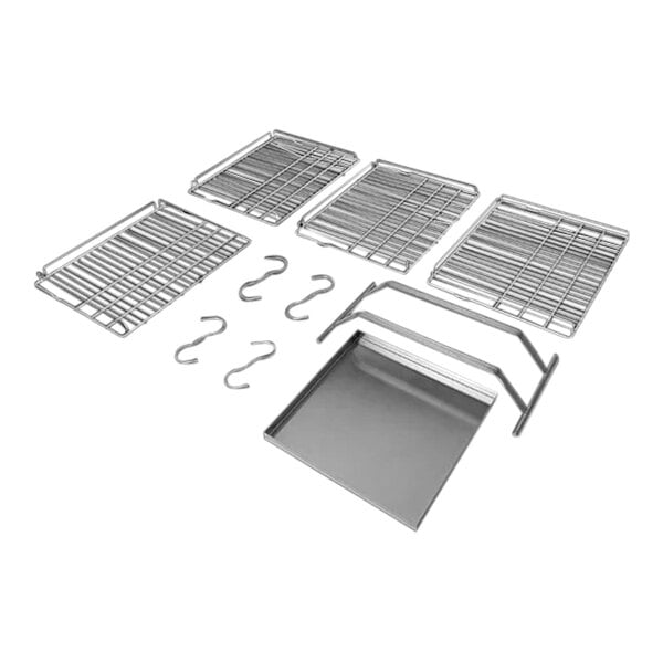 A set of stainless steel racks, hooks, and a tray for a meat curing cabinet.