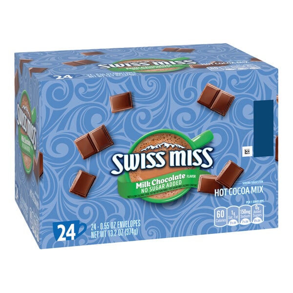 A box of Swiss Miss No Sugar Added Milk Chocolate Hot Cocoa Mix containing 24 packets.