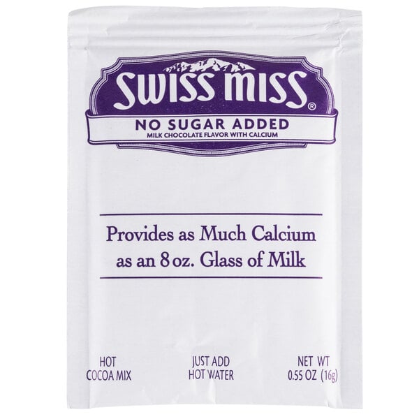 A packet of Swiss Miss No Sugar Added Hot Cocoa Mix.