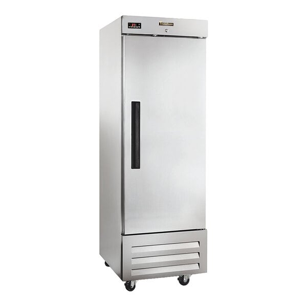 A stainless steel, single-door commercial reach-in freezer on casters.