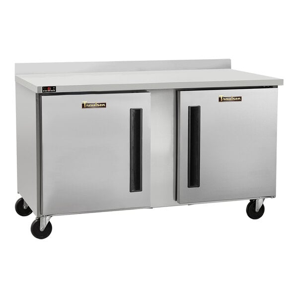 A stainless steel worktop freezer with two doors, a 4-inch backsplash, and caster wheels.