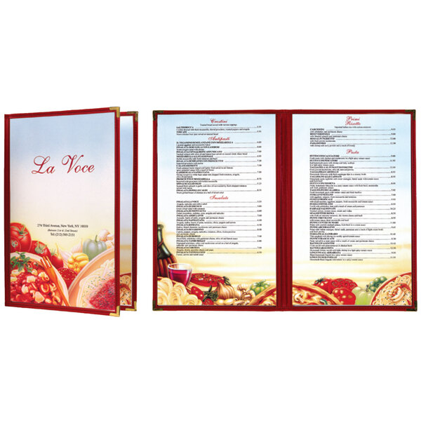 Menu paper with a white background and a red and white Italian themed pasta design.