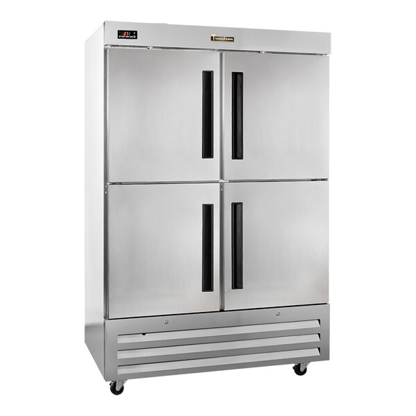 A stainless steel, four-door, half-height reach-in refrigerator on wheels.