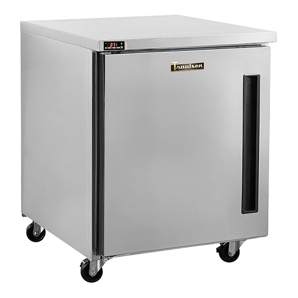 A stainless steel undercounter refrigerator with a left-hinged door and casters.