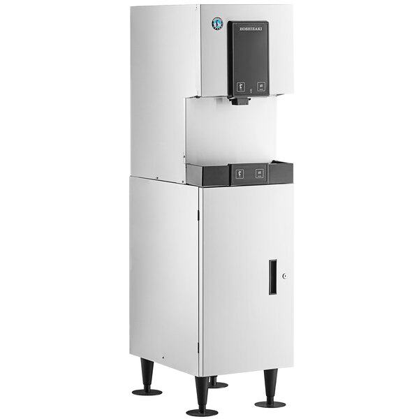 A stainless steel Hoshizaki cubelet ice maker and water dispenser with a floor stand and built-in storage bin.