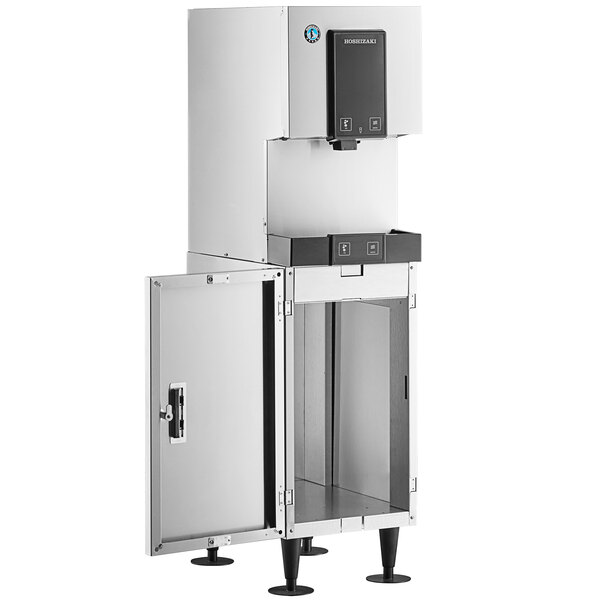A commercial air-cooled cubelet ice maker and water dispenser with a floor stand and built-in storage bin.